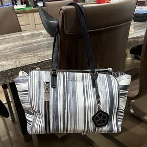 Trina Turk Navy Monochrome Striped Tote Bag